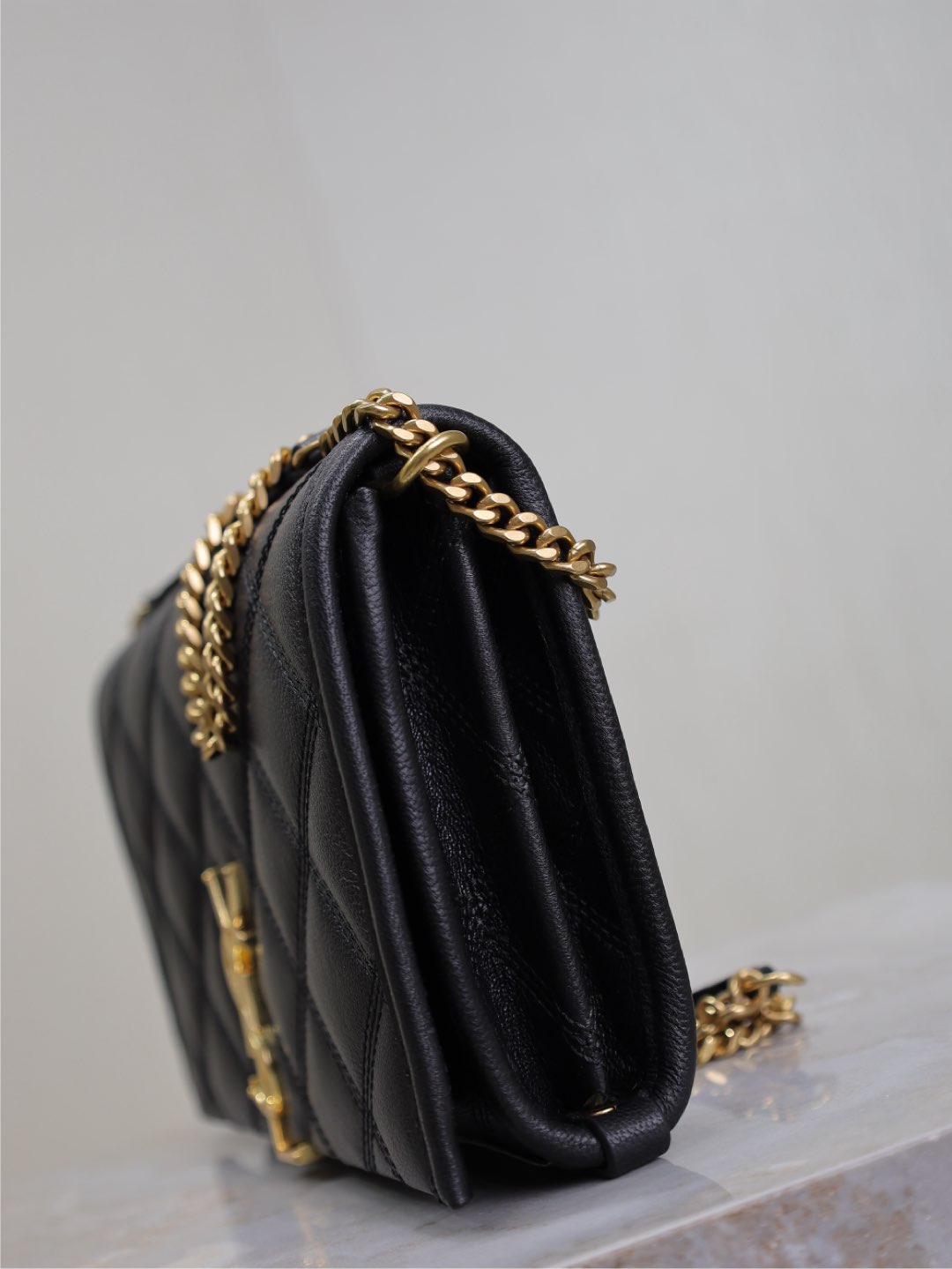 BECKY 22 IN BLACK QUILTED LAMBSKIN GOLD HARDWARE