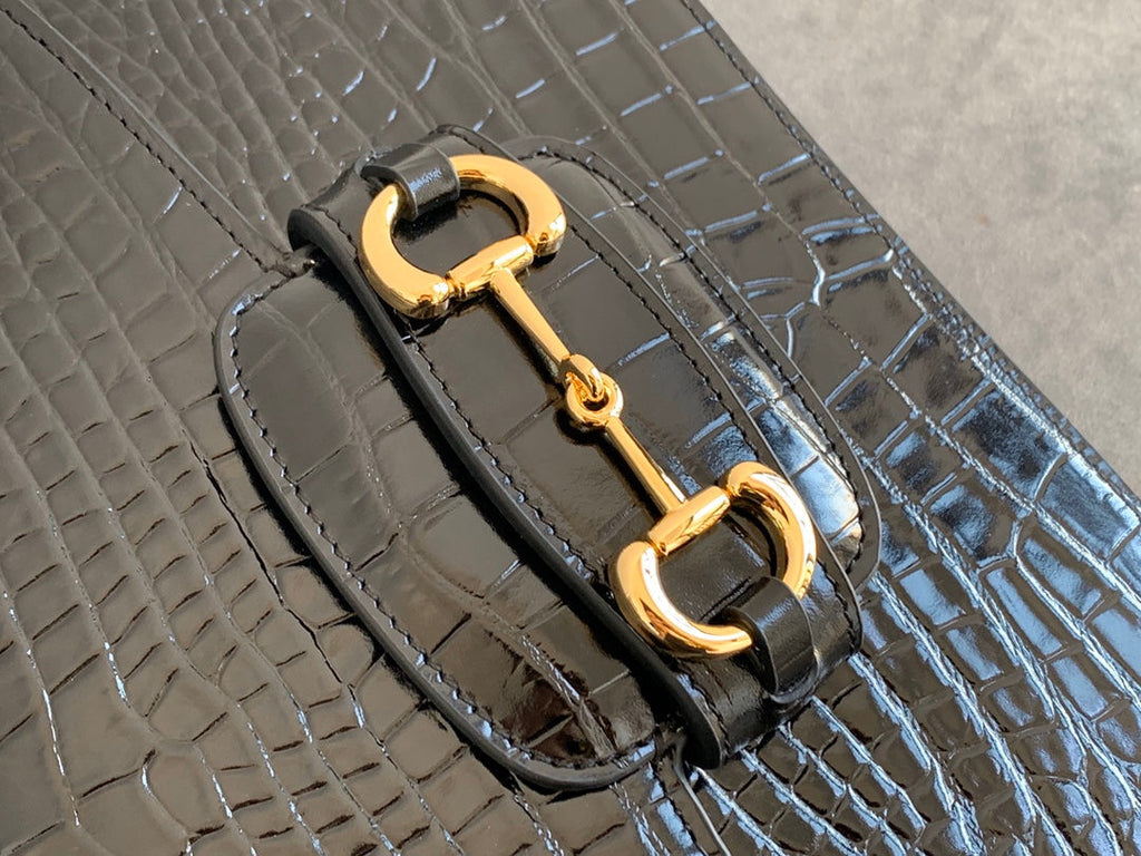GG 1955 Horsebit Bag 25cm Black Crocodile Leather Gold Hardware